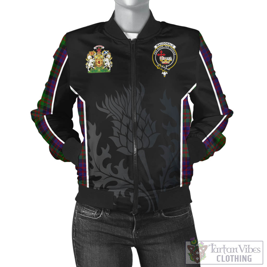 Tartan Vibes Clothing MacDonald Tartan Bomber Jacket with Family Crest and Scottish Thistle Vibes Sport Style
