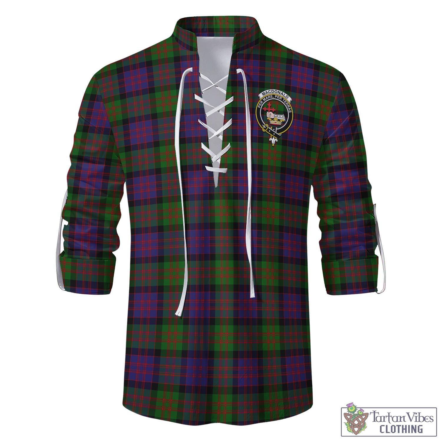 Tartan Vibes Clothing MacDonald Tartan Men's Scottish Traditional Jacobite Ghillie Kilt Shirt with Family Crest