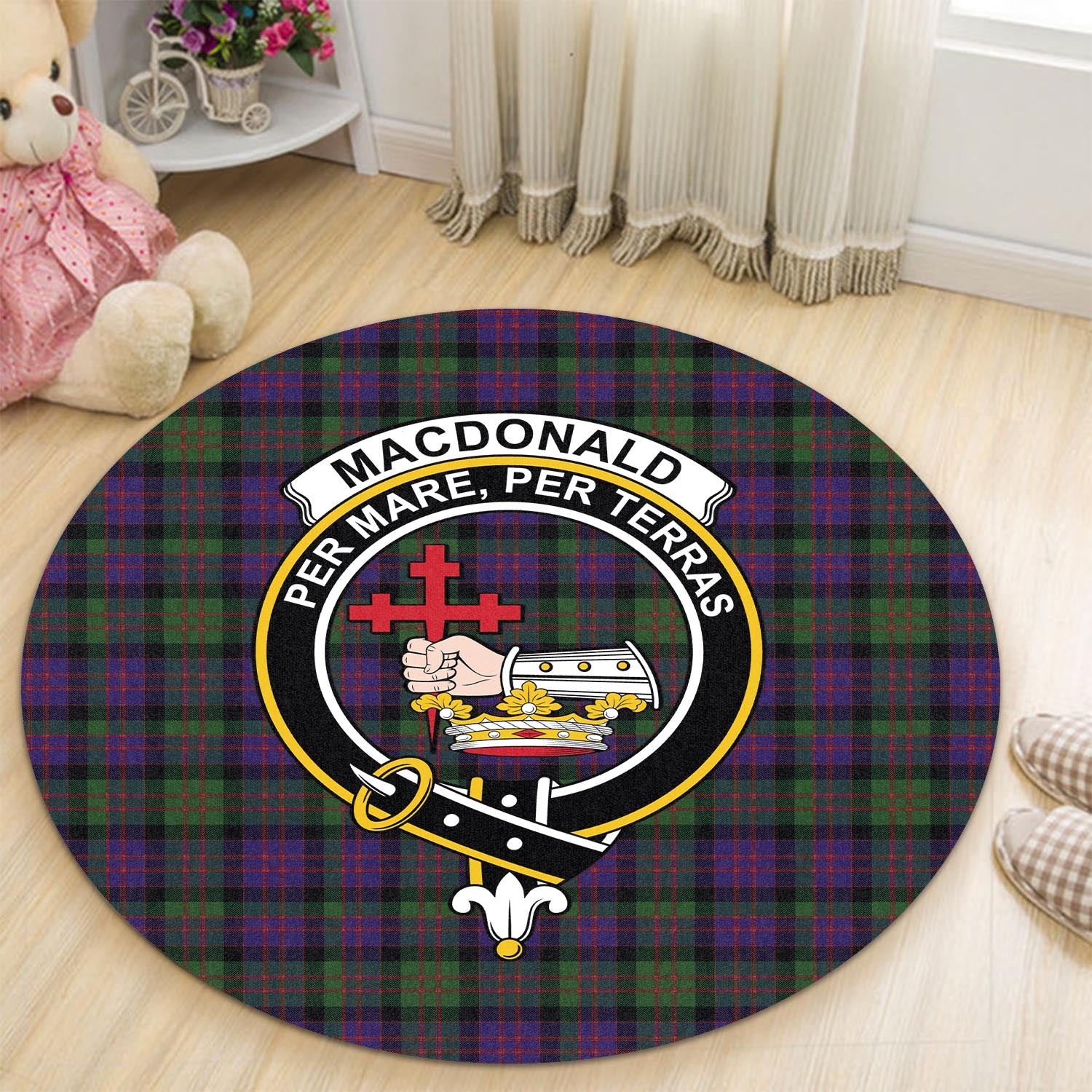 macdonald-tartan-round-rug-with-family-crest