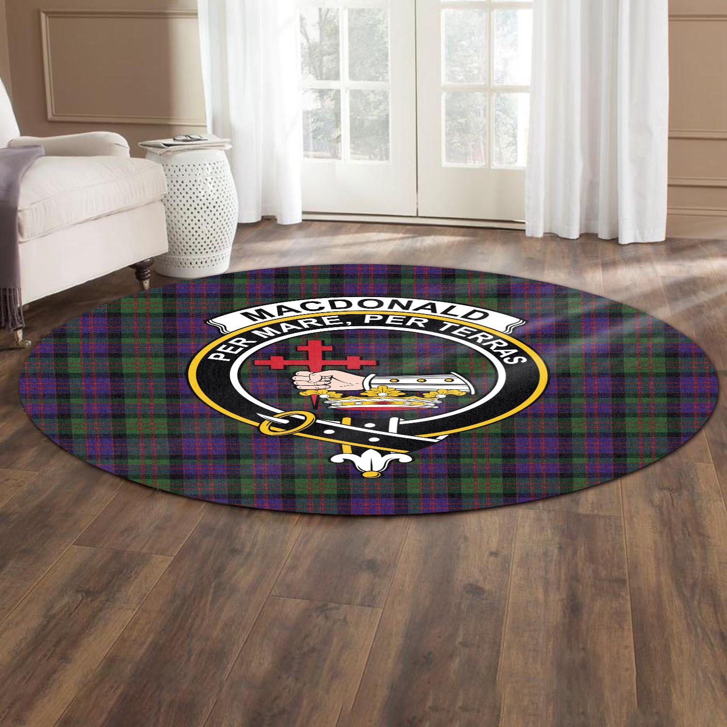 macdonald-tartan-round-rug-with-family-crest