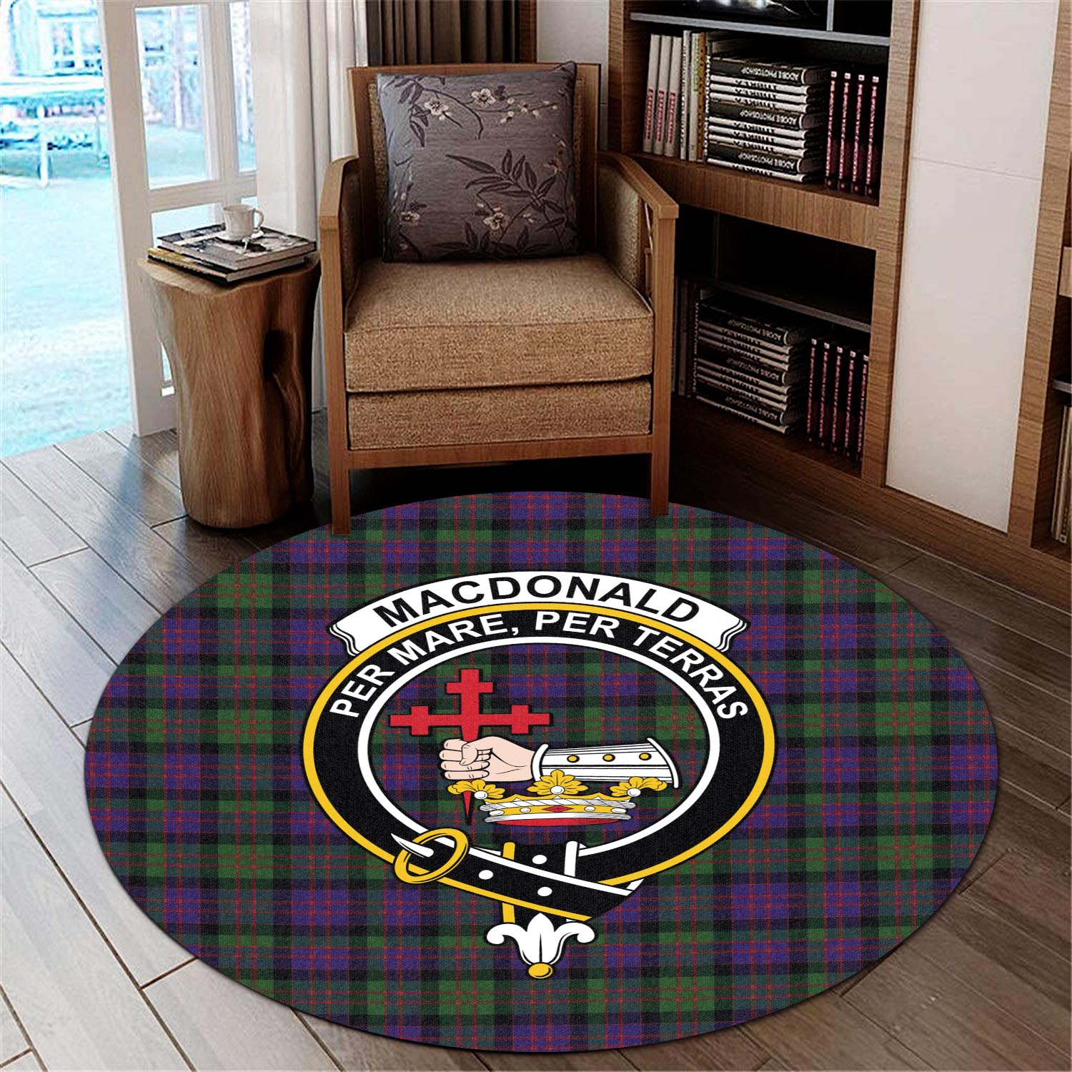 macdonald-tartan-round-rug-with-family-crest