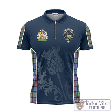 MacDonald Ancient Tartan Zipper Polo Shirt with Family Crest and Scottish Thistle Vibes Sport Style