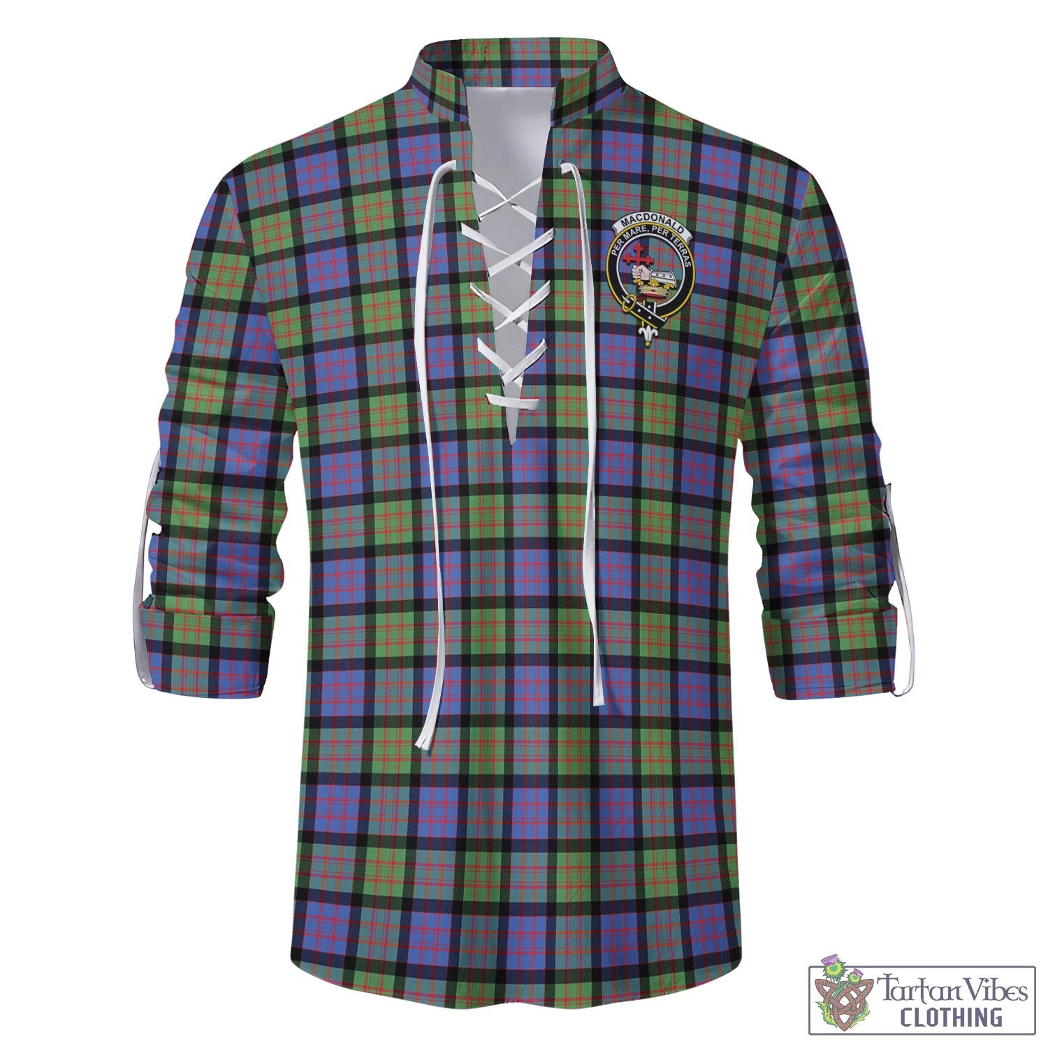 Tartan Vibes Clothing MacDonald Ancient Tartan Men's Scottish Traditional Jacobite Ghillie Kilt Shirt with Family Crest