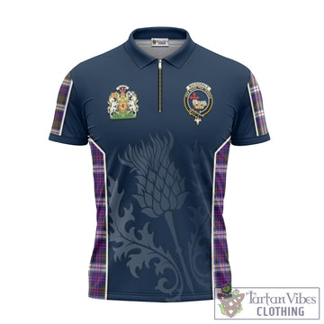MacDonald Dress Modern Tartan Zipper Polo Shirt with Family Crest and Scottish Thistle Vibes Sport Style