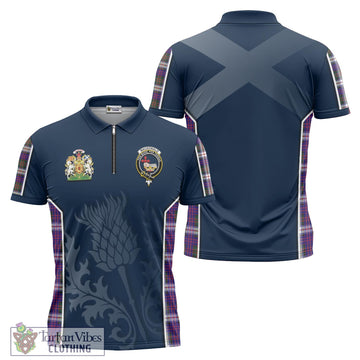 MacDonald Dress Modern Tartan Zipper Polo Shirt with Family Crest and Scottish Thistle Vibes Sport Style