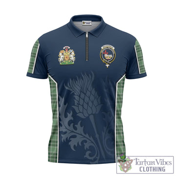 MacDonald Lord of the Isles Hunting Tartan Zipper Polo Shirt with Family Crest and Scottish Thistle Vibes Sport Style