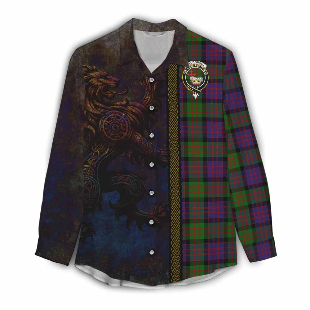 Tartan Vibes Clothing MacDonald (McDonald) Tartan Family Crest Women's Casual Shirt Alba Gu Brath Be Brave Lion Ancient Style