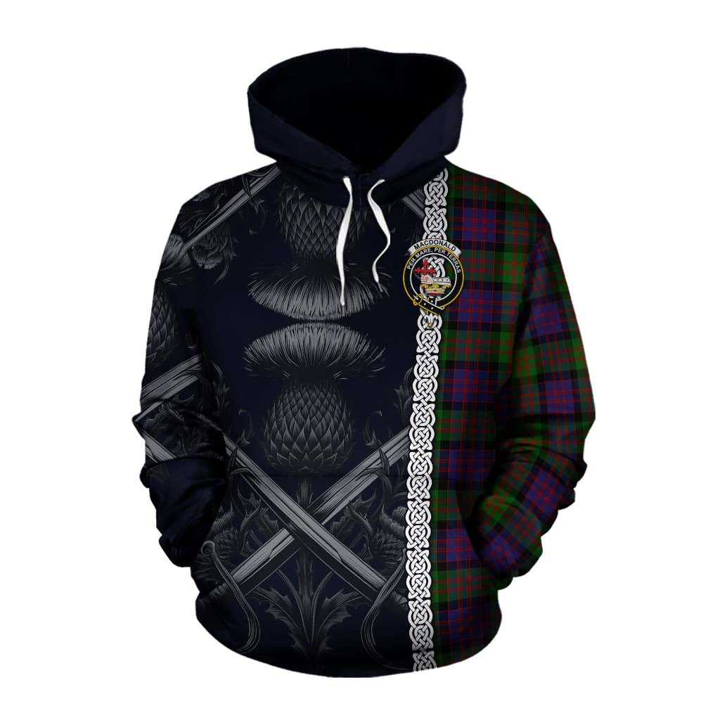 Tartan Vibes Clothing MacDonald (McDonald) Tartan Cotton Hoodie with Family Crest Cross Sword Thistle Celtic Vibes