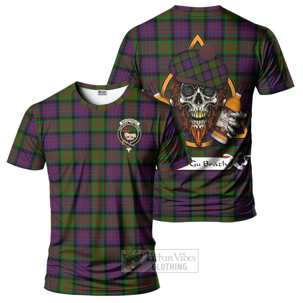 Tartan Vibes Clothing MacDonald (McDonald) Tartan T-Shirt with Family Crest and Bearded Skull Holding Bottles of Whiskey