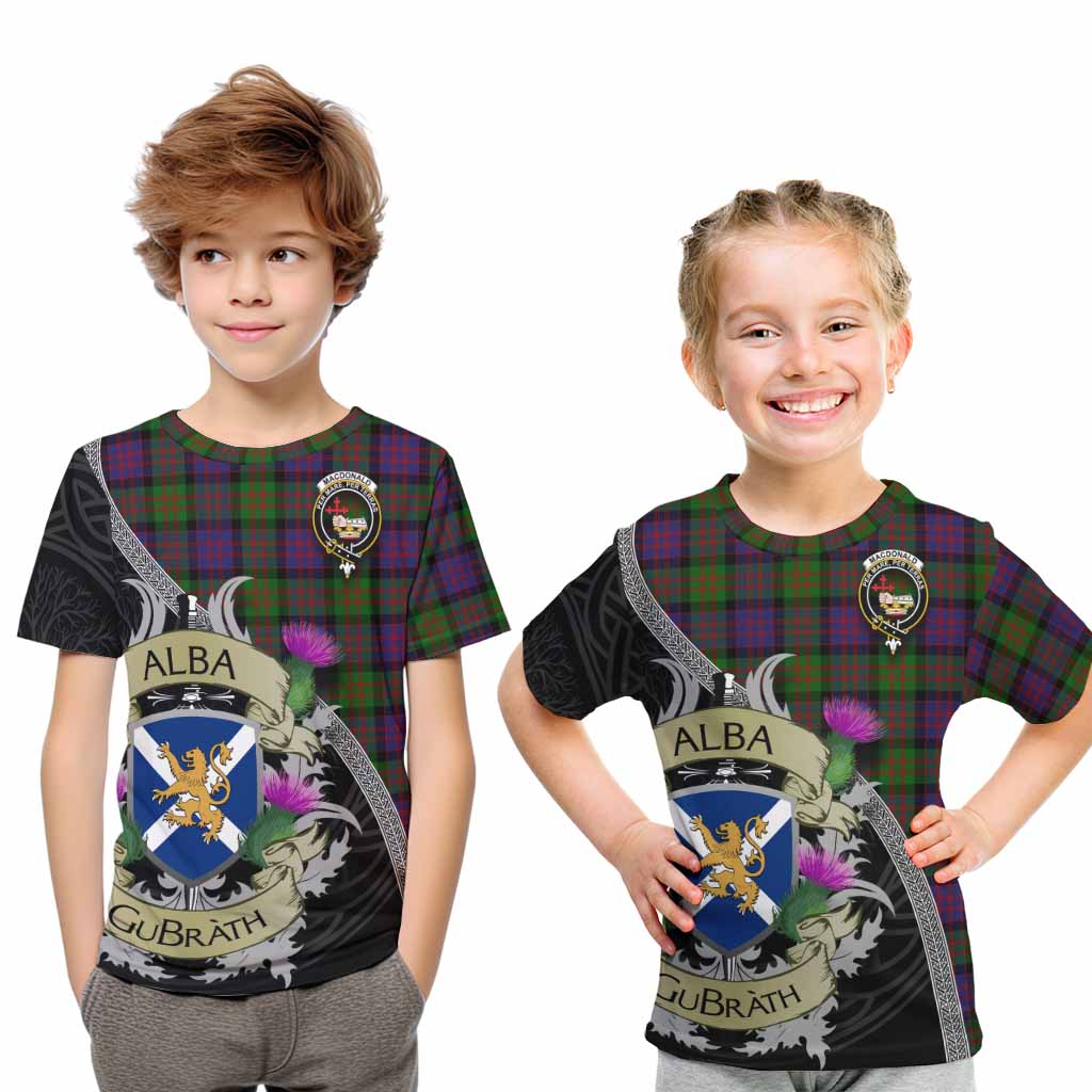 Tartan Vibes Clothing MacDonald (McDonald) Tartan Family Crest Kid T-Shirt Lion Rampant Royal Thistle Shield Celtic Inspired