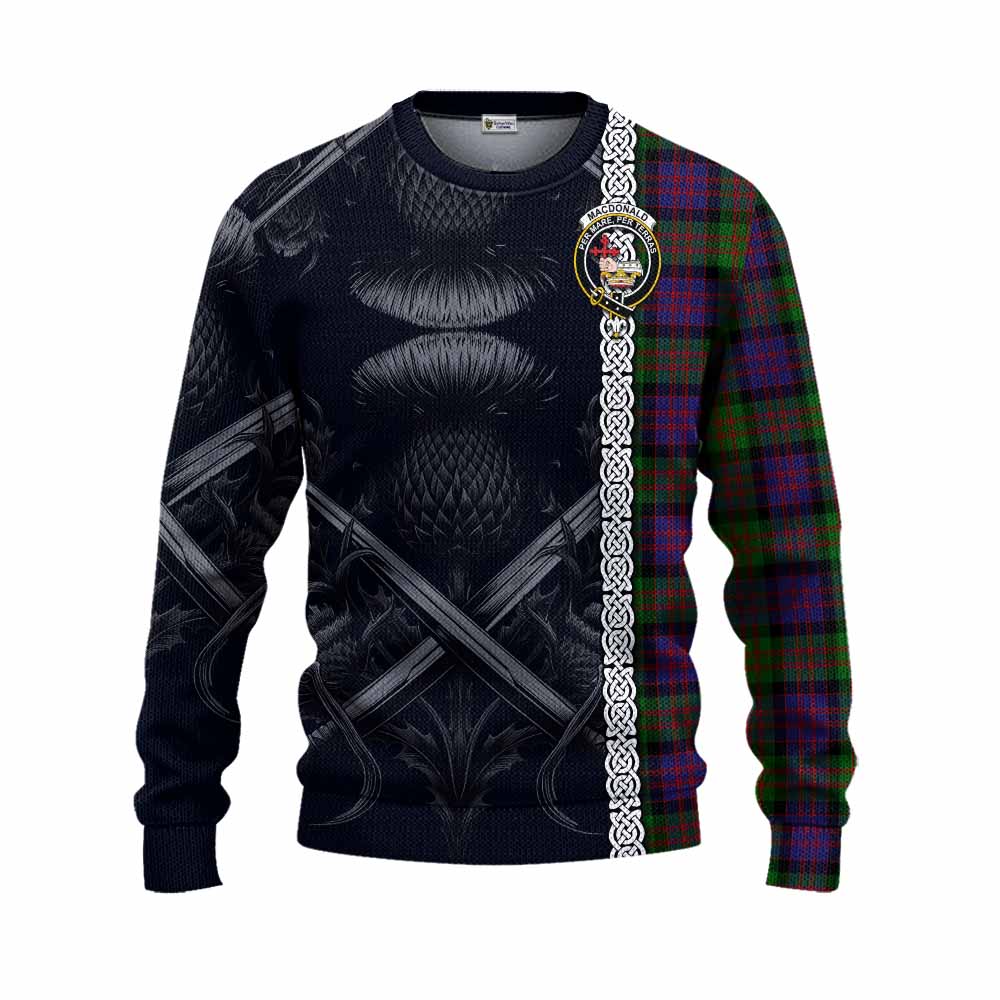 Tartan Vibes Clothing MacDonald (McDonald) Tartan Knitted Sweater with Family Crest Cross Sword Thistle Celtic Vibes