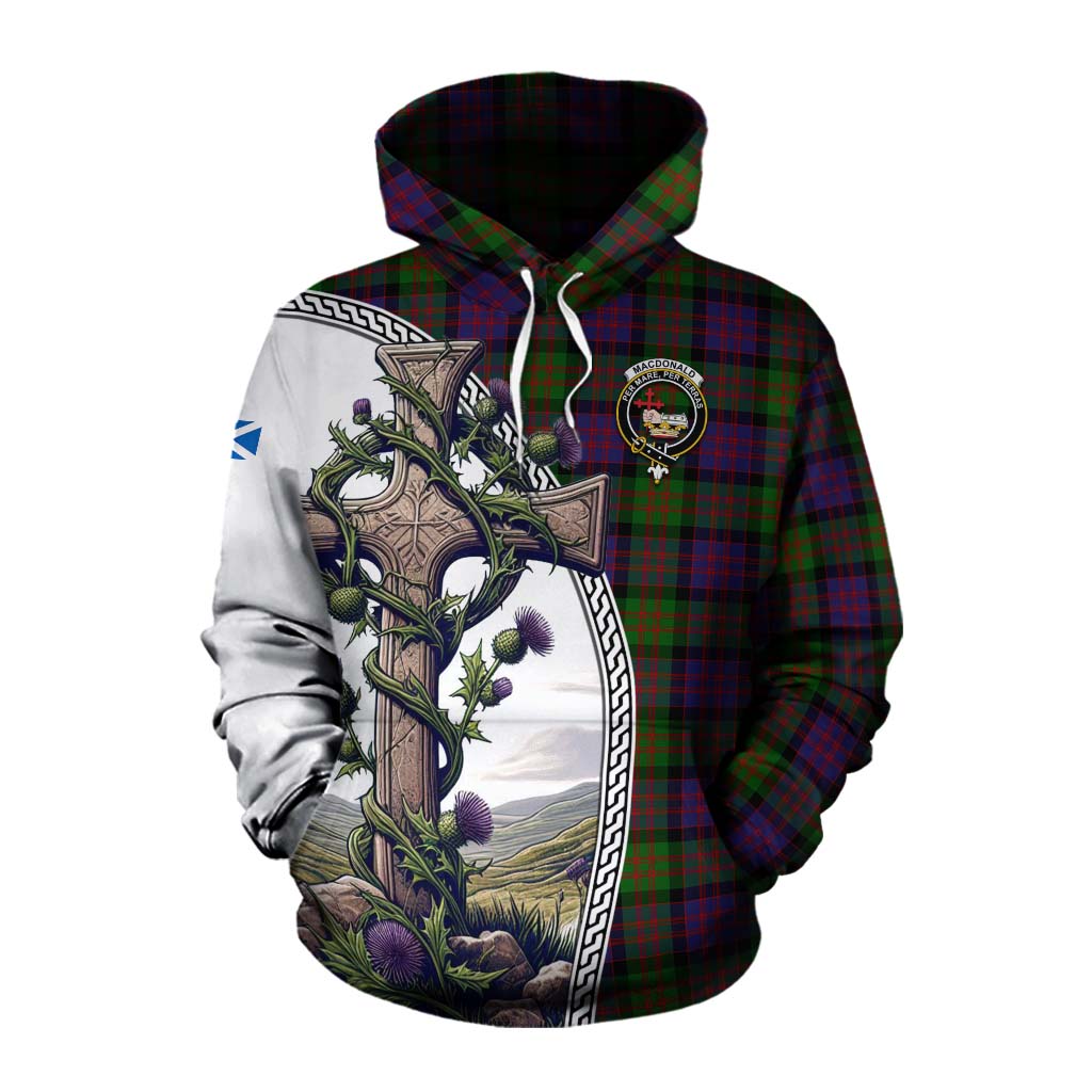 Tartan Vibes Clothing MacDonald (McDonald) Tartan Cotton Hoodie with Family Crest and St. Andrew's Cross Accented by Thistle Vines