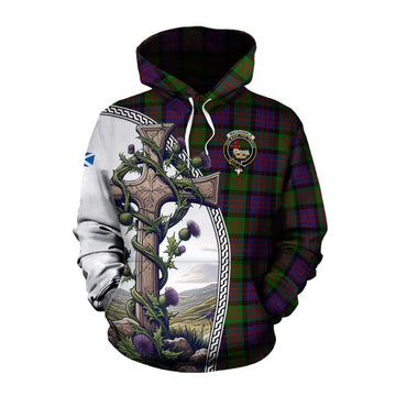 Tartan Vibes Clothing MacDonald (McDonald) Tartan Cotton Hoodie with Family Crest and St. Andrew's Cross Accented by Thistle Vines