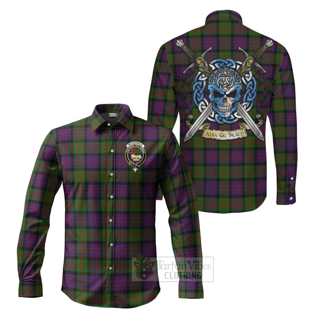 Tartan Vibes Clothing MacDonald (McDonald) Tartan Long Sleeve Button Shirt with Family Crest Celtic Skull Style