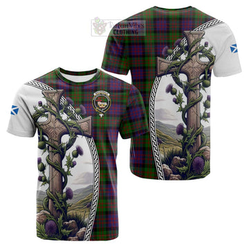 Tartan Vibes Clothing MacDonald (McDonald) Tartan Cotton T-shirt with Family Crest and St. Andrew's Cross Accented by Thistle Vines