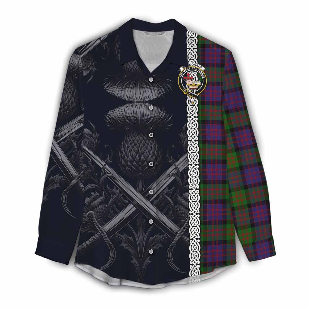 Tartan Vibes Clothing MacDonald (McDonald) Tartan Women's Casual Shirt with Family Crest Cross Sword Thistle Celtic Vibes