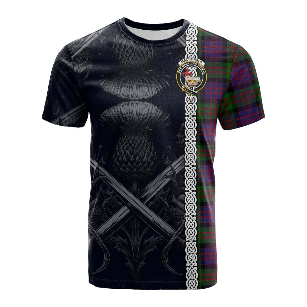 Tartan Vibes Clothing MacDonald (McDonald) Tartan Cotton T-shirt with Family Crest Cross Sword Thistle Celtic Vibes