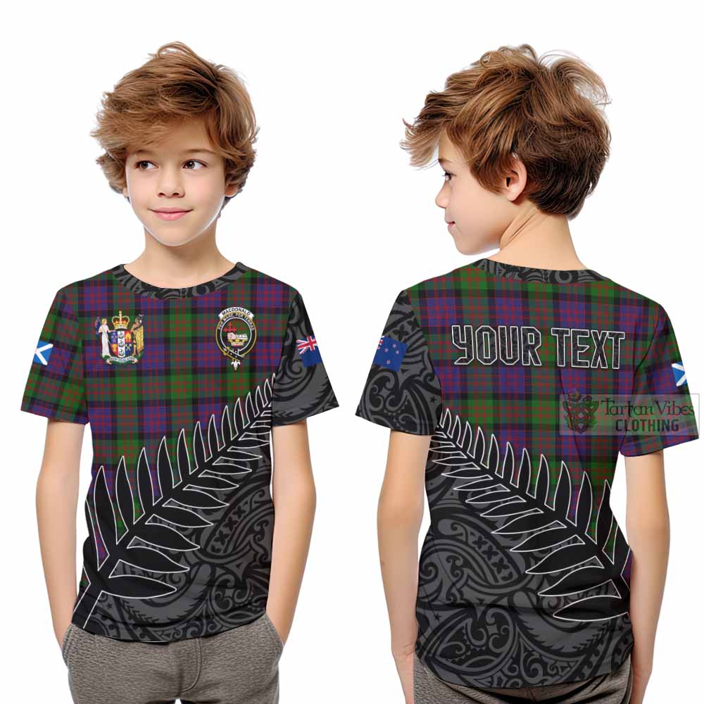 Tartan Vibes Clothing MacDonald (McDonald) Crest Tartan Kid T-Shirt with New Zealand Silver Fern Half Style