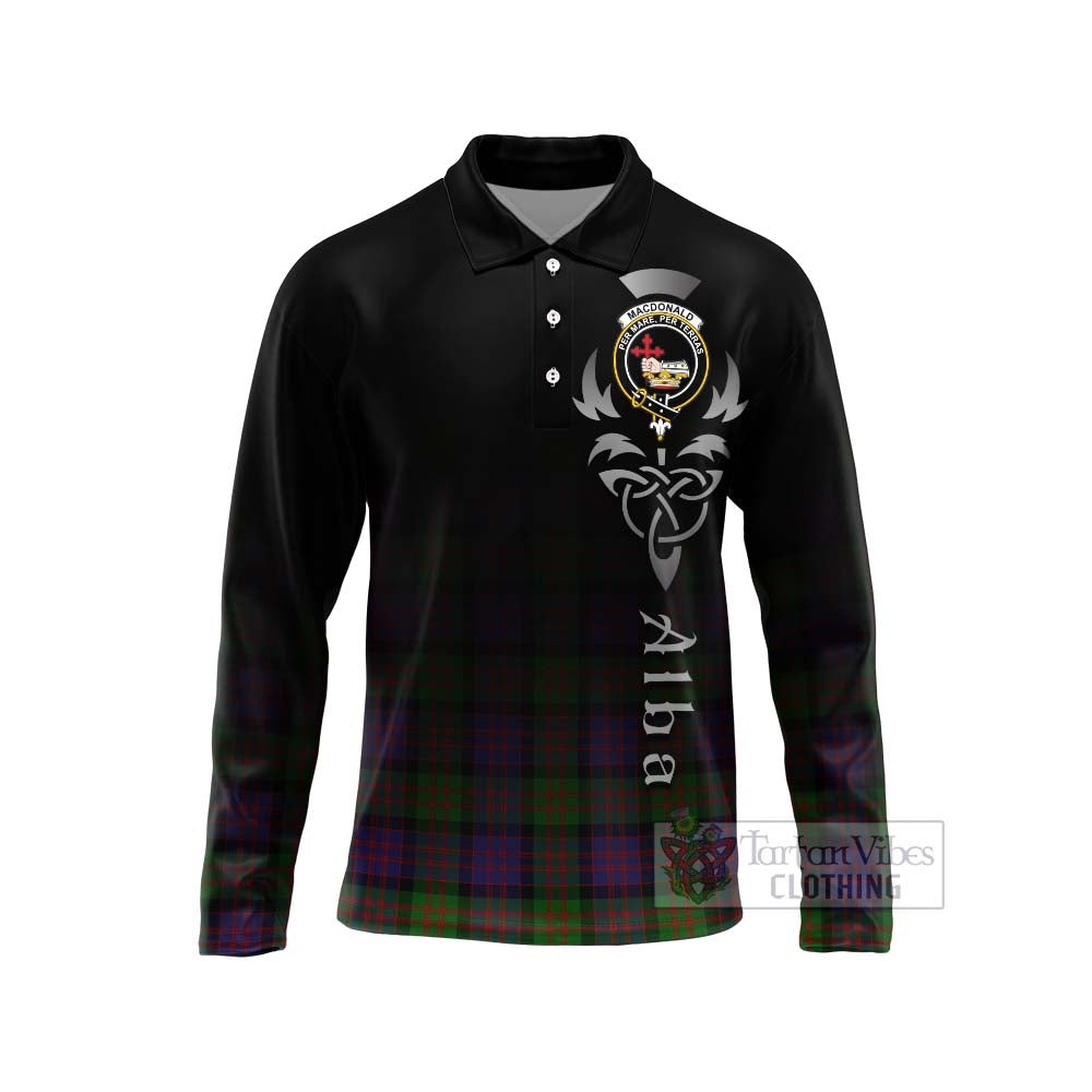 Tartan Vibes Clothing MacDonald (McDonald) Tartan Long Sleeve Polo Shirt Featuring Alba Gu Brath Family Crest Celtic Inspired