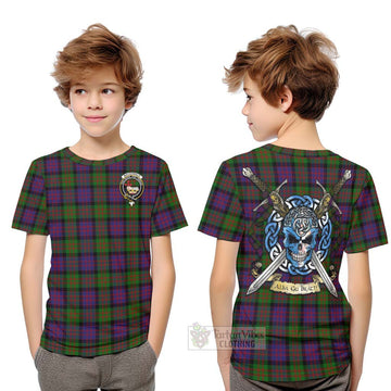 Tartan Vibes Clothing MacDonald (McDonald) Tartan Kid T-Shirt with Family Crest Celtic Skull Style