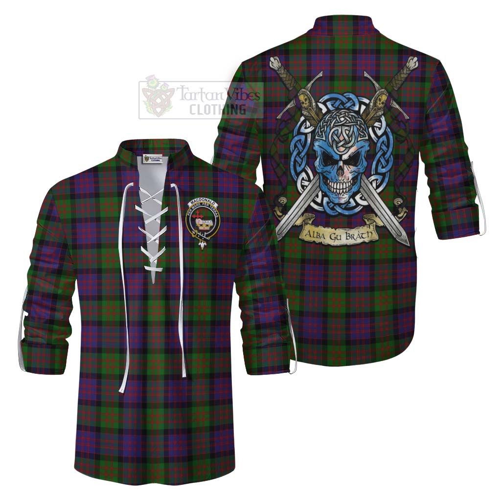 Tartan Vibes Clothing MacDonald (McDonald) Tartan Ghillie Kilt Shirt with Family Crest Celtic Skull Style