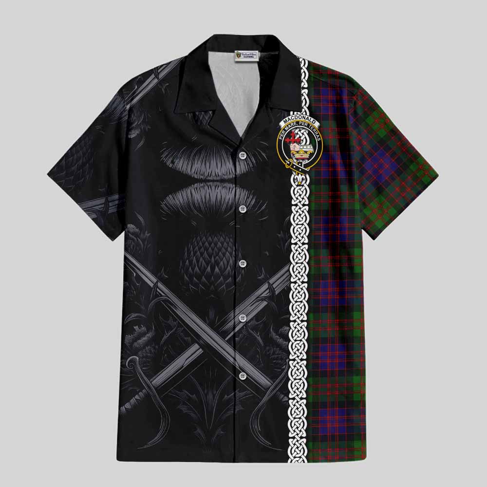 Tartan Vibes Clothing MacDonald (McDonald) Tartan Short Sleeve Button Shirt with Family Crest Cross Sword Thistle Celtic Vibes