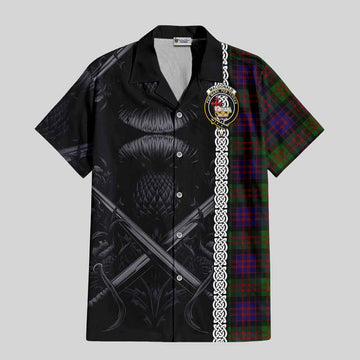 Tartan Vibes Clothing MacDonald (McDonald) Tartan Short Sleeve Button Shirt with Family Crest Cross Sword Thistle Celtic Vibes