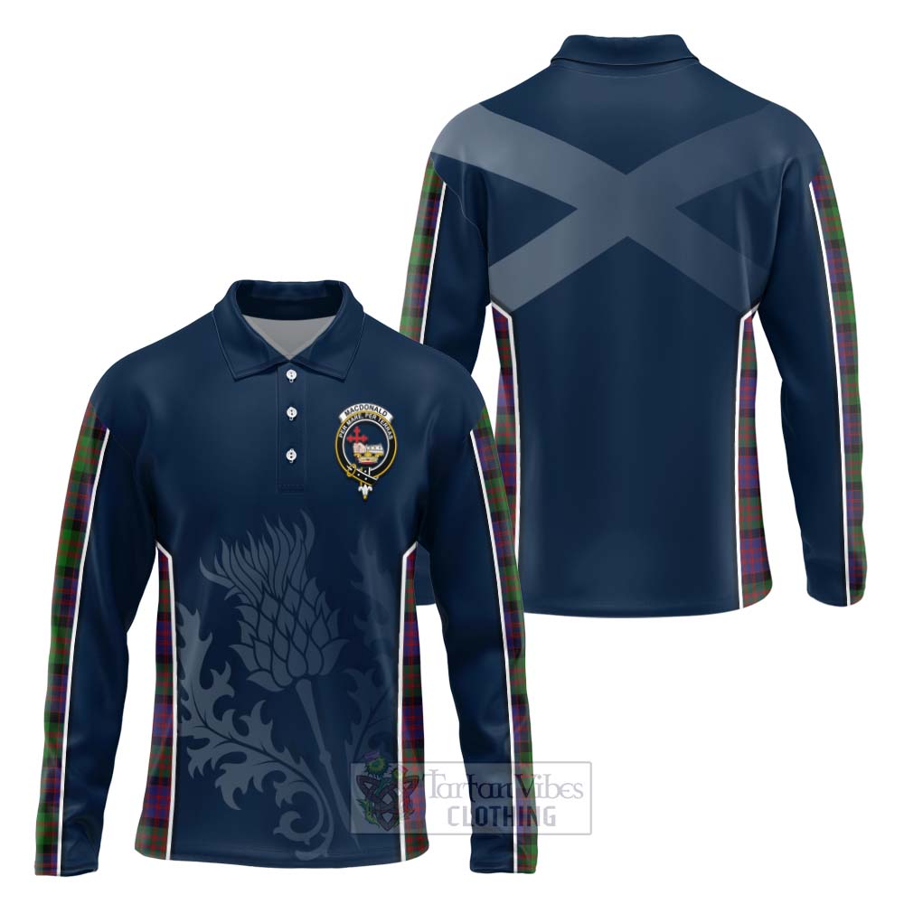 Tartan Vibes Clothing MacDonald (McDonald) Tartan Long Sleeve Polo Shirt with Family Crest and Scottish Thistle Vibes Sport Style