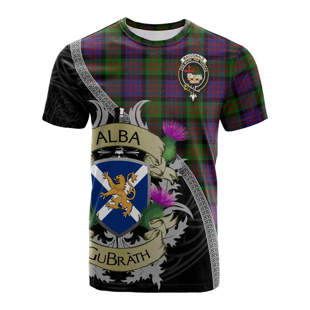 Tartan Vibes Clothing MacDonald (McDonald) Tartan Family Crest Cotton T-shirt Lion Rampant Royal Thistle Shield Celtic Inspired