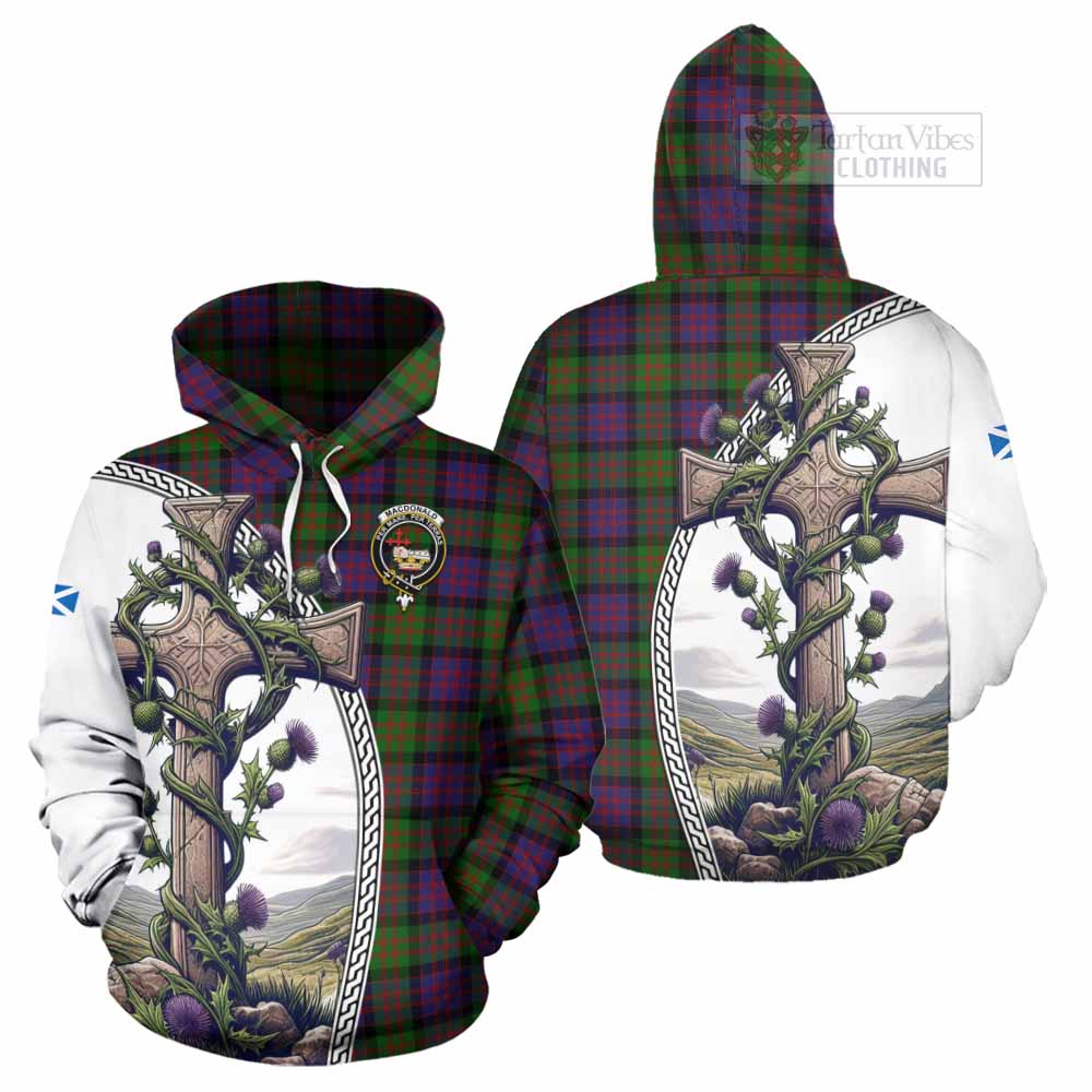 Tartan Vibes Clothing MacDonald (McDonald) Tartan Hoodie with Family Crest and St. Andrew's Cross Accented by Thistle Vines