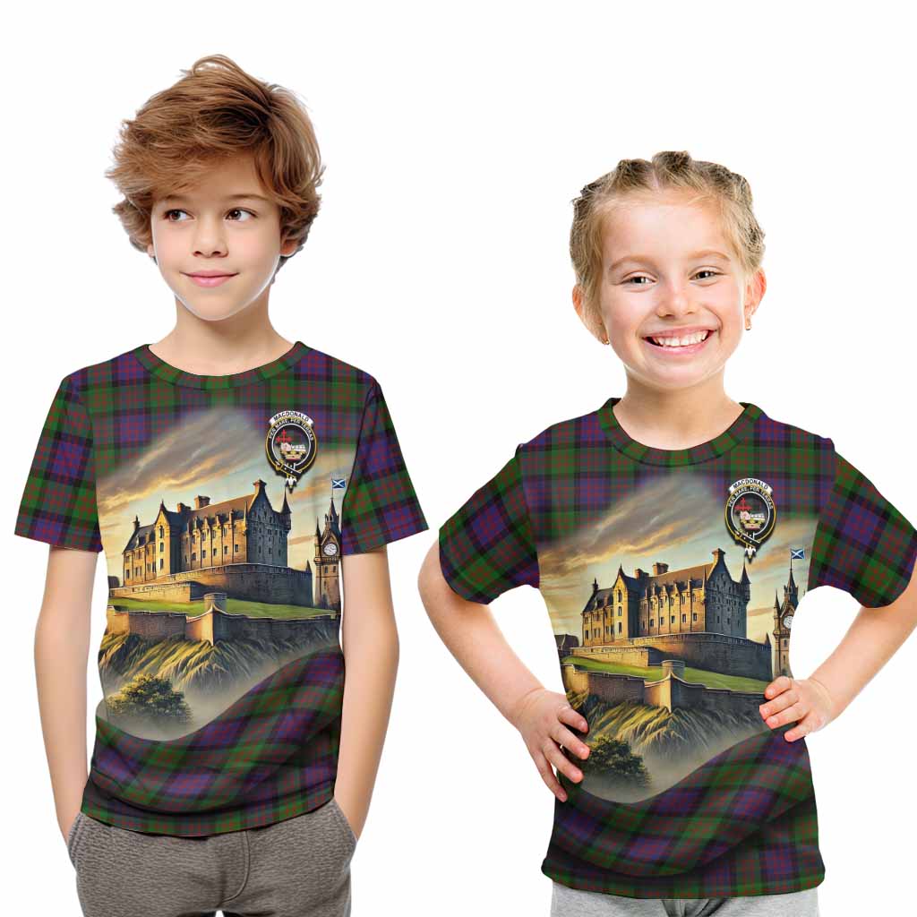 Tartan Vibes Clothing MacDonald (McDonald) Tartan Family Crest Kid T-Shirt with Scottish Ancient Castle Style