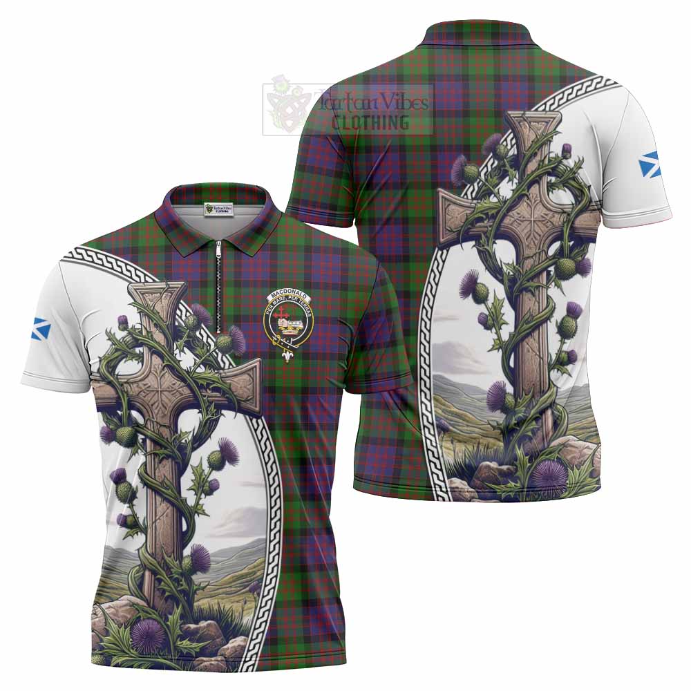 Tartan Vibes Clothing MacDonald (McDonald) Tartan Zipper Polo Shirt with Family Crest and St. Andrew's Cross Accented by Thistle Vines
