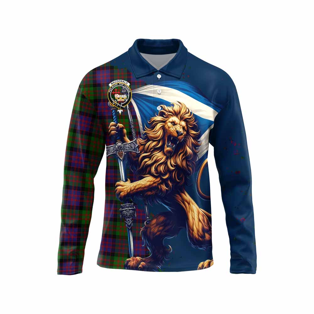 Tartan Vibes Clothing MacDonald (McDonald) Tartan Family Crest Long Sleeve Polo Shirt with Scottish Majestic Lion