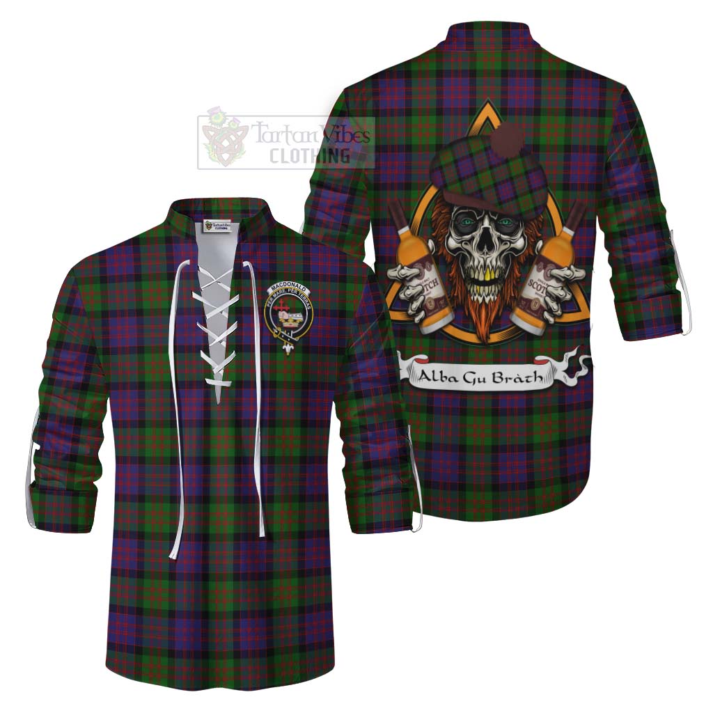 Tartan Vibes Clothing MacDonald (McDonald) Tartan Ghillie Kilt Shirt with Family Crest and Bearded Skull Holding Bottles of Whiskey