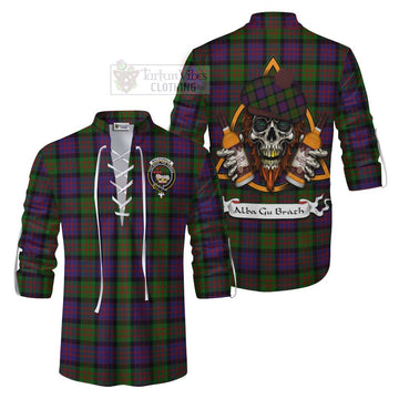 Tartan Vibes Clothing MacDonald (McDonald) Tartan Ghillie Kilt Shirt with Family Crest and Bearded Skull Holding Bottles of Whiskey