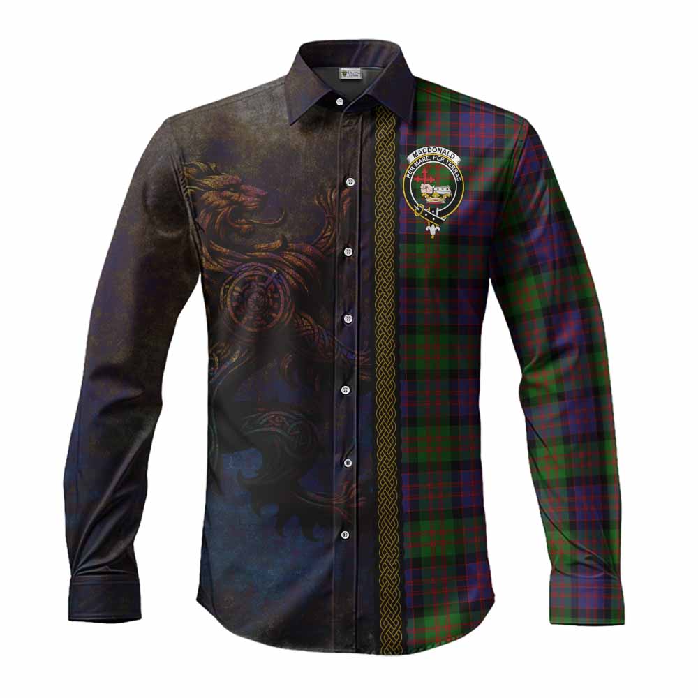 Tartan Vibes Clothing MacDonald (McDonald) Tartan Family Crest Long Sleeve Button Shirt Alba Gu Brath Be Brave Lion Ancient Style
