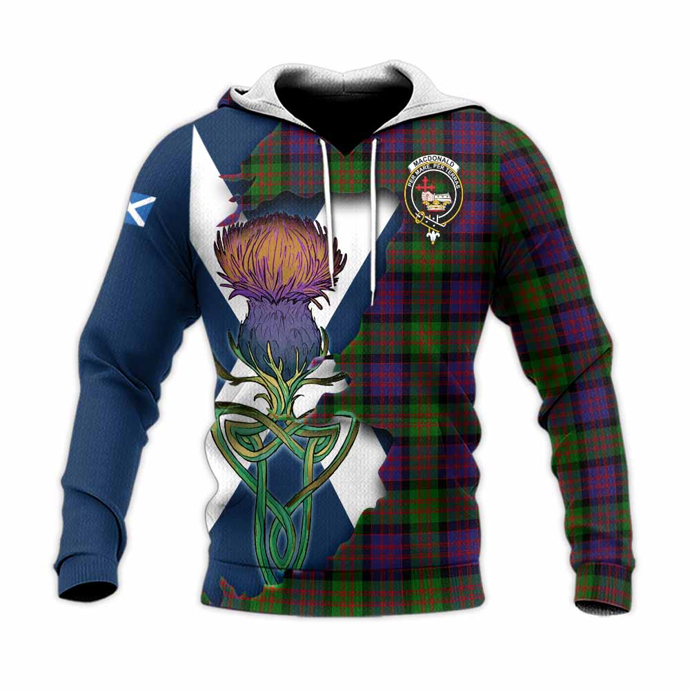 Tartan Vibes Clothing MacDonald (McDonald) Tartan Family Crest Knitted Hoodie Scottish Thistle Celtic Inspired