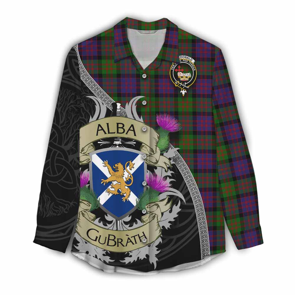Tartan Vibes Clothing MacDonald (McDonald) Tartan Family Crest Women's Casual Shirt Lion Rampant Royal Thistle Shield Celtic Inspired