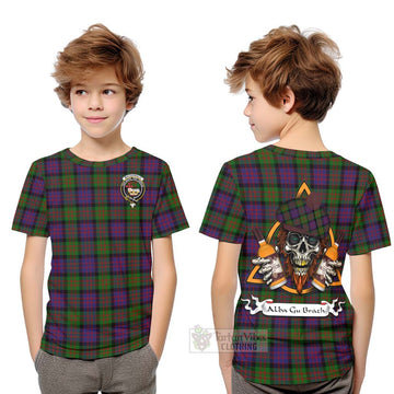 Tartan Vibes Clothing MacDonald (McDonald) Tartan Kid T-Shirt with Family Crest and Bearded Skull Holding Bottles of Whiskey