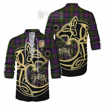 Tartan Vibes Clothing MacDonald (McDonald) Tartan Ghillie Kilt Shirt with Family Crest Celtic Wolf Style