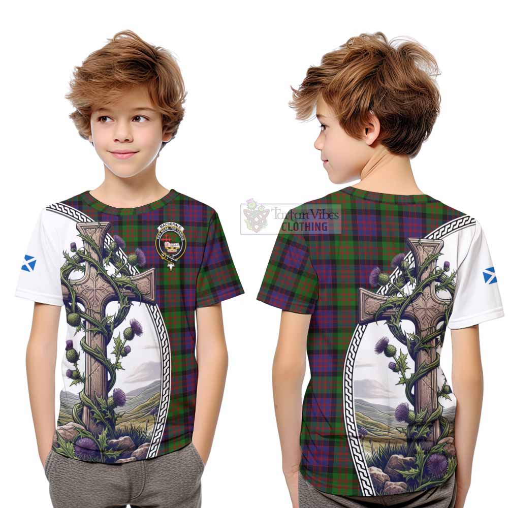 Tartan Vibes Clothing MacDonald (McDonald) Tartan Kid T-Shirt with Family Crest and St. Andrew's Cross Accented by Thistle Vines