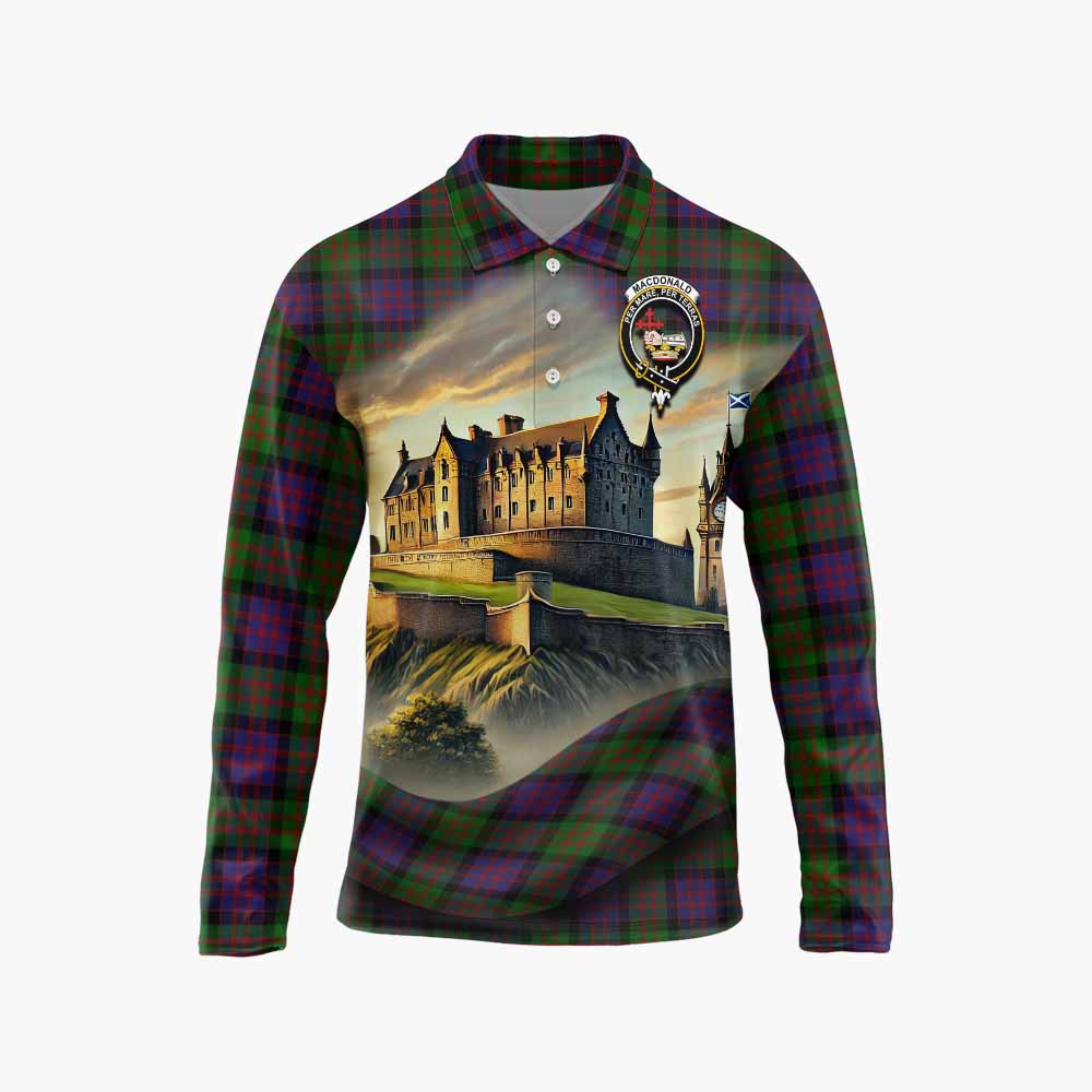 Tartan Vibes Clothing MacDonald (McDonald) Tartan Family Crest Long Sleeve Polo Shirt with Scottish Ancient Castle Style