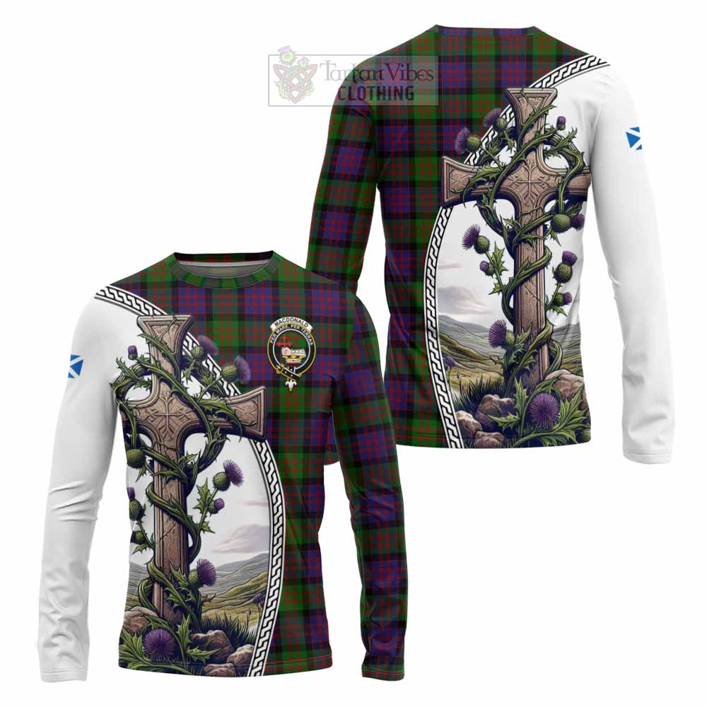 Tartan Vibes Clothing MacDonald (McDonald) Tartan Long Sleeve T-Shirt with Family Crest and St. Andrew's Cross Accented by Thistle Vines