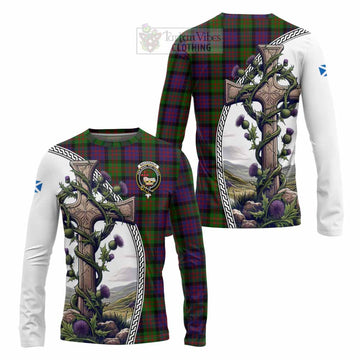 Tartan Vibes Clothing MacDonald (McDonald) Tartan Long Sleeve T-Shirt with Family Crest and St. Andrew's Cross Accented by Thistle Vines