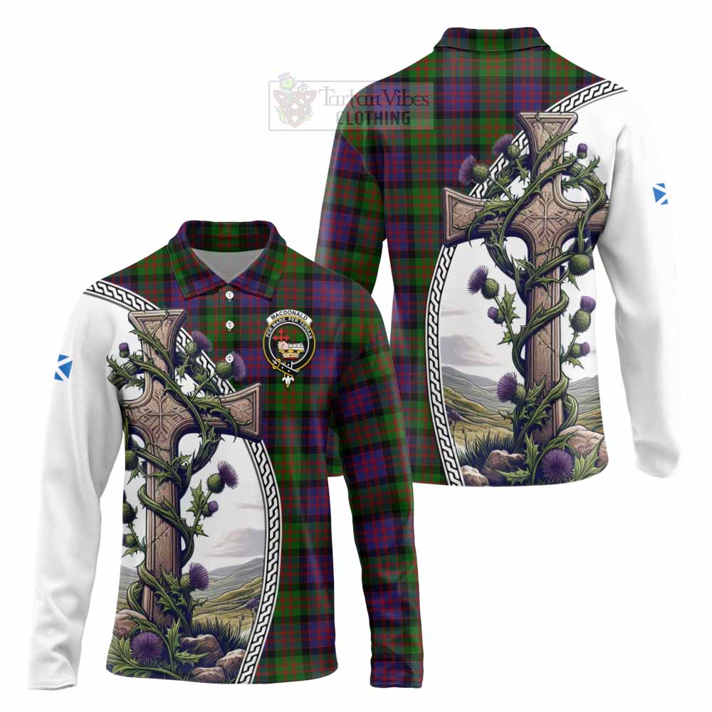 Tartan Vibes Clothing MacDonald (McDonald) Tartan Long Sleeve Polo Shirt with Family Crest and St. Andrew's Cross Accented by Thistle Vines