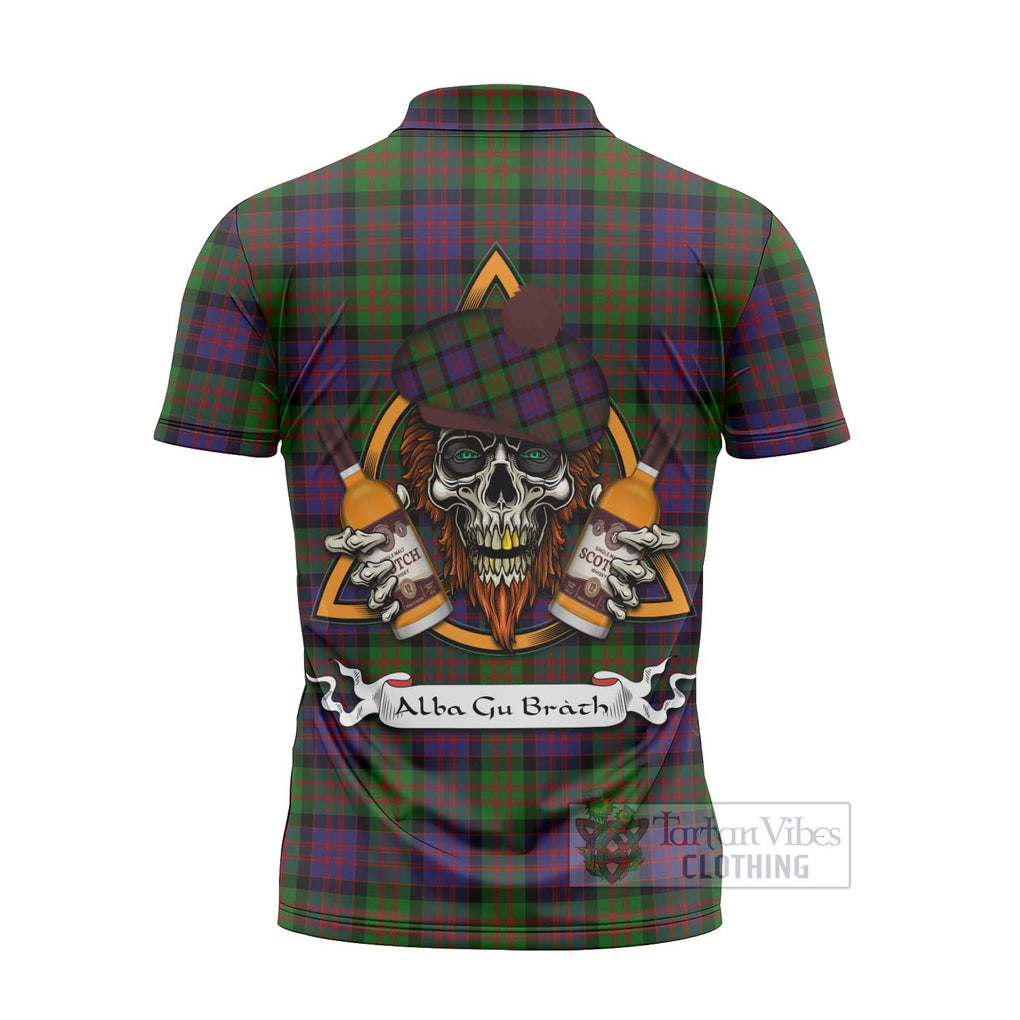 Tartan Vibes Clothing MacDonald (McDonald) Tartan Zipper Polo Shirt with Family Crest and Bearded Skull Holding Bottles of Whiskey