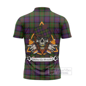 MacDonald (McDonald) Tartan Zipper Polo Shirt with Family Crest and Bearded Skull Holding Bottles of Whiskey