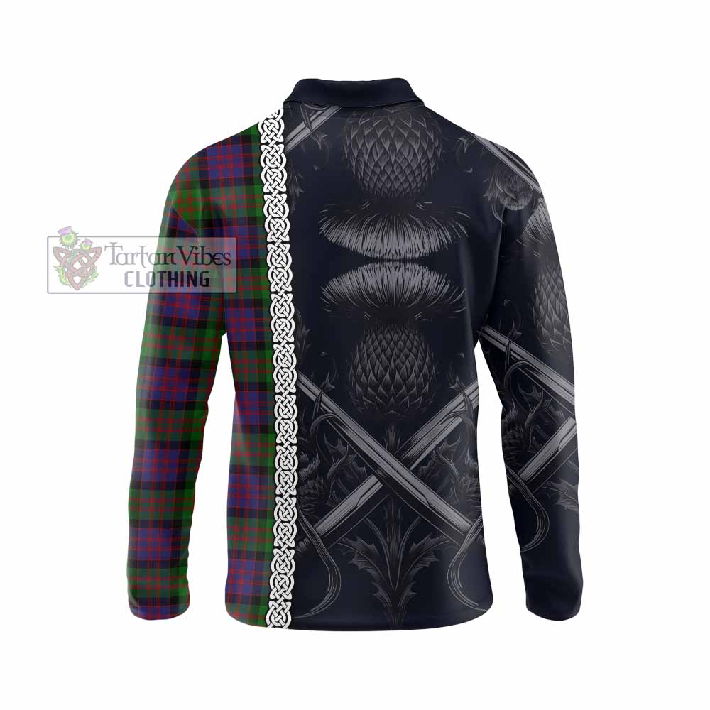 Tartan Vibes Clothing MacDonald (McDonald) Tartan Long Sleeve Polo Shirt with Family Crest Cross Sword Thistle Celtic Vibes