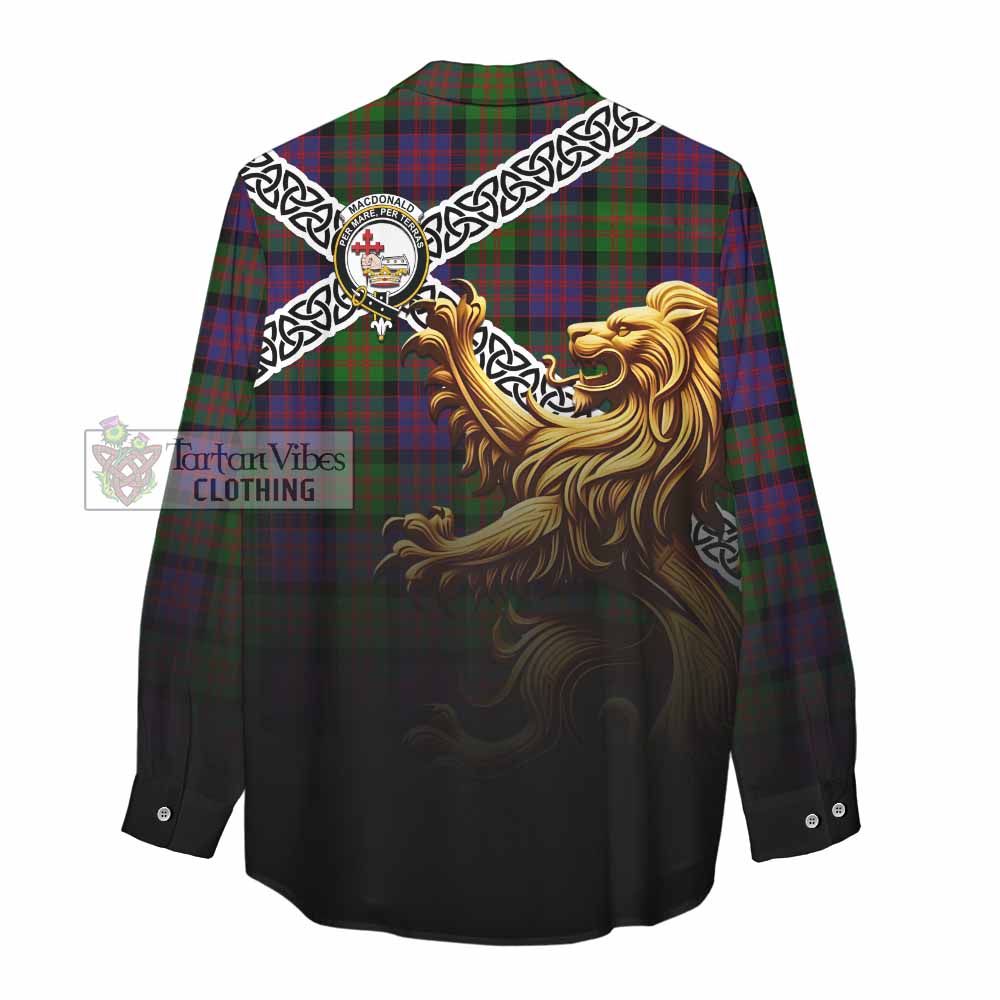 Tartan Vibes Clothing MacDonald (McDonald) Crest Tartan Women's Casual Shirt with Golden Lion Emblem Celtic Style