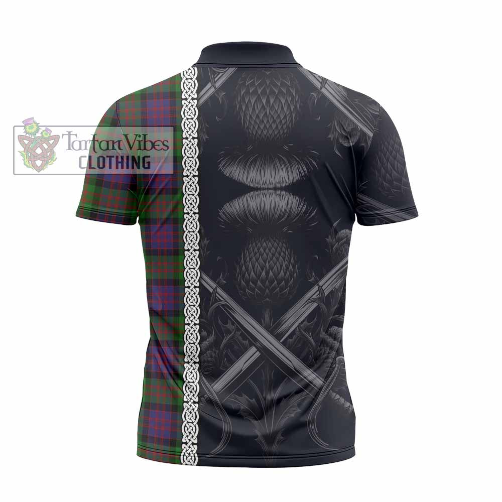 Tartan Vibes Clothing MacDonald (McDonald) Tartan Zipper Polo Shirt with Family Crest Cross Sword Thistle Celtic Vibes